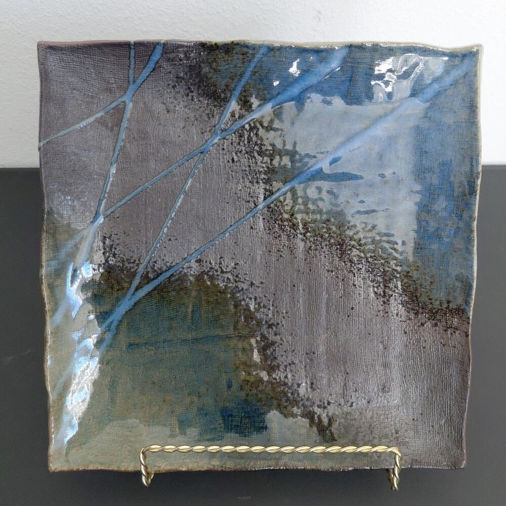 Yokkaichi Banko Ware Glaze Rectangle Plate Japanese Pottery Signed Textured Art